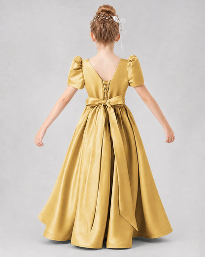 Gold Satin A-line Girls Formal Dress Back View
