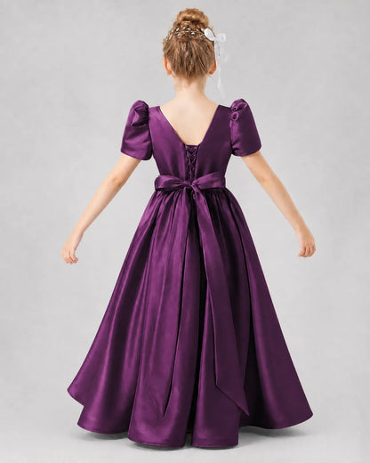 Grape Satin A-line Girls Formal Dress Back View