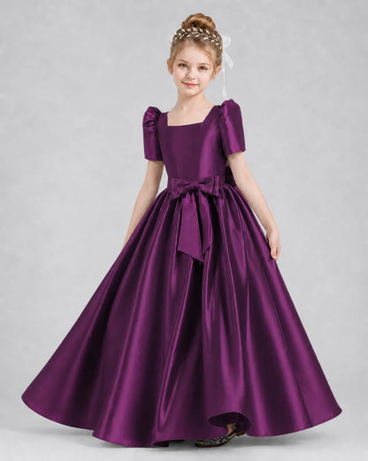 Grape Satin A-line Girls Formal Dress Front View