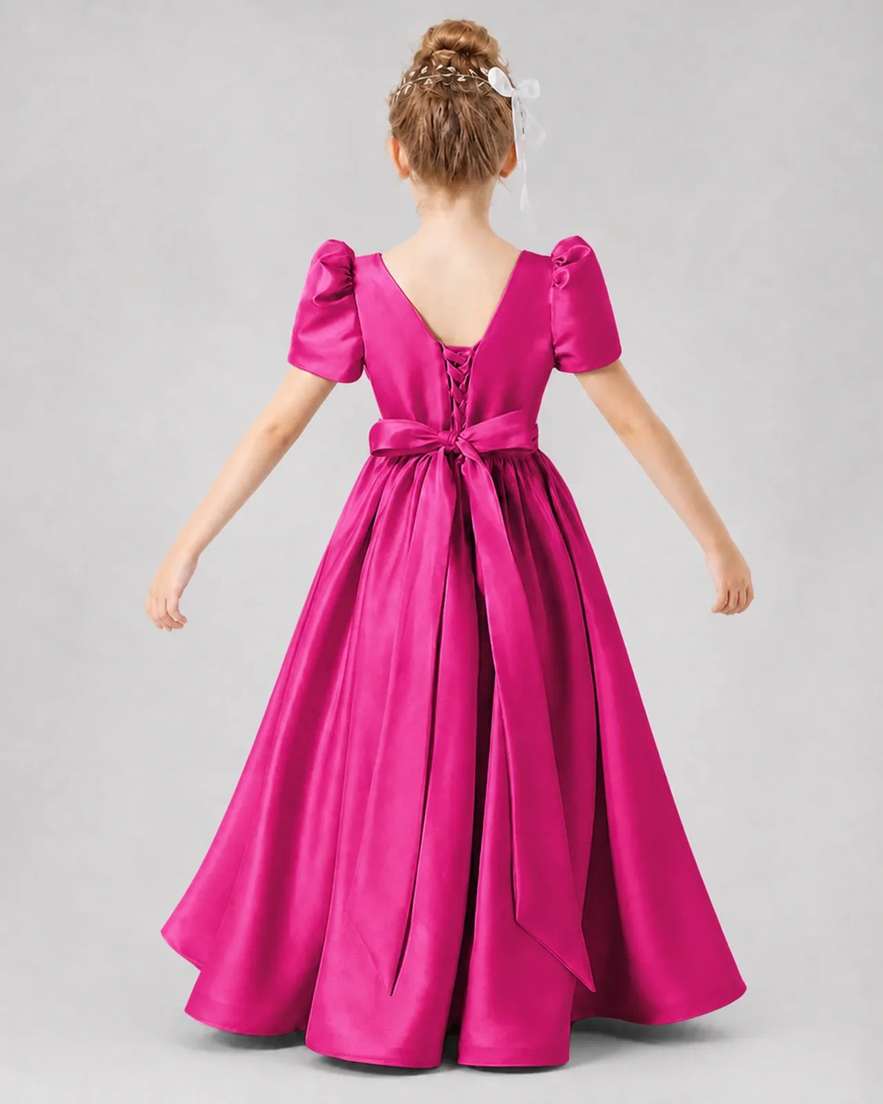 Hot Pink Satin A-line Girls Formal Dress Back View