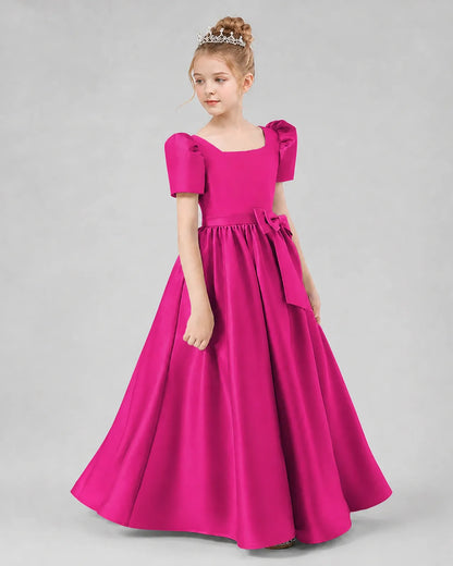 Hot Pink Satin A-line Girls Formal Dress Side View