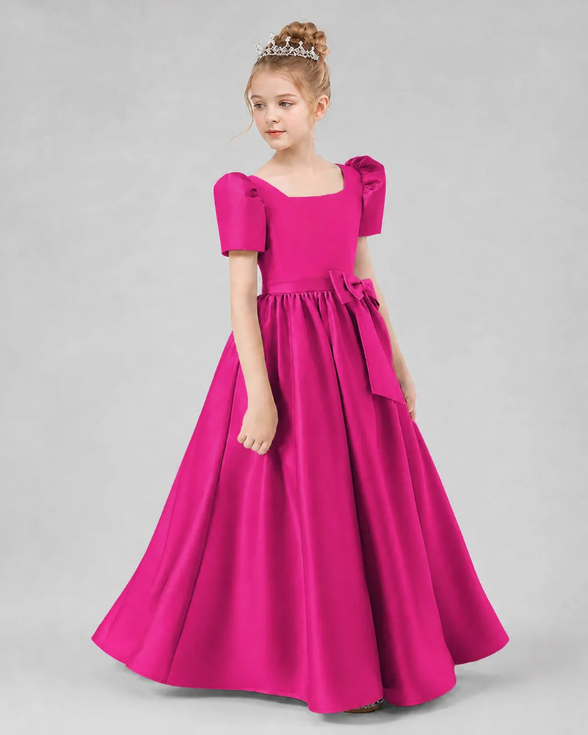 Hot Pink Satin A-line Girls Formal Dress Side View