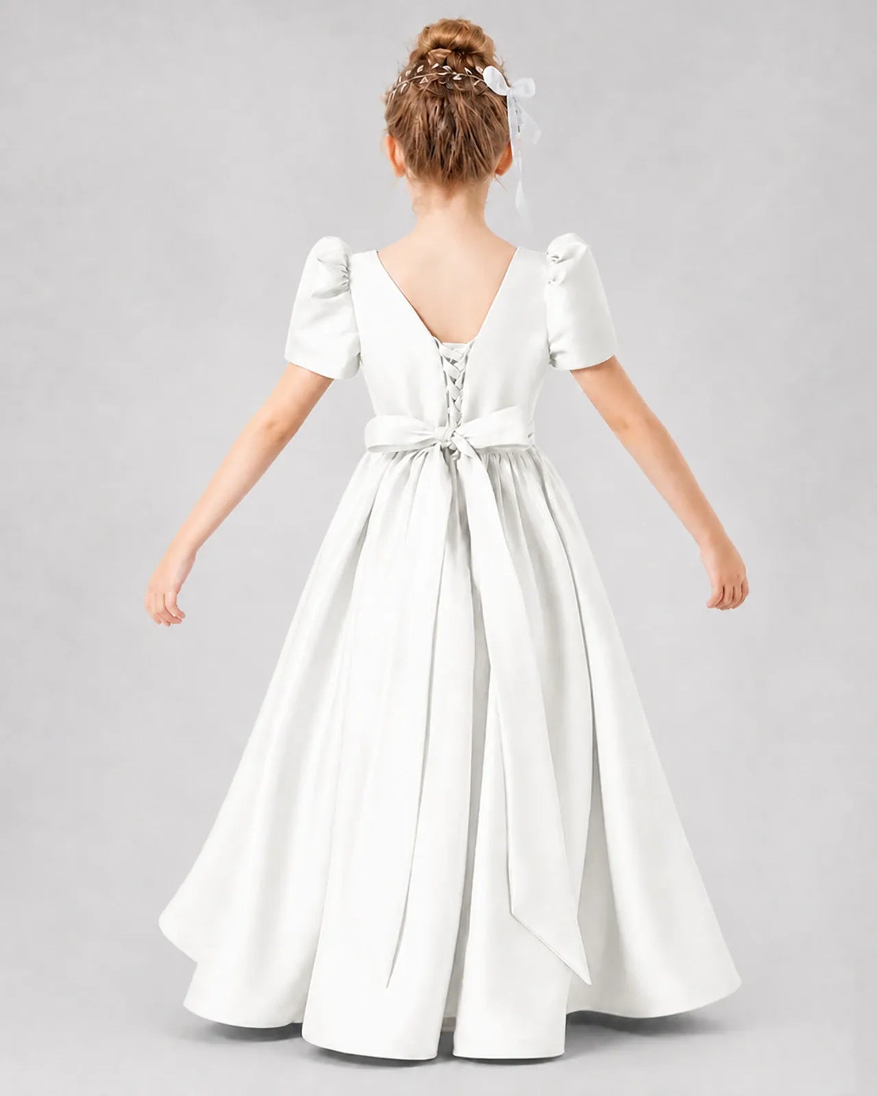 Ivory Satin A-line Girls Formal Dress Back View