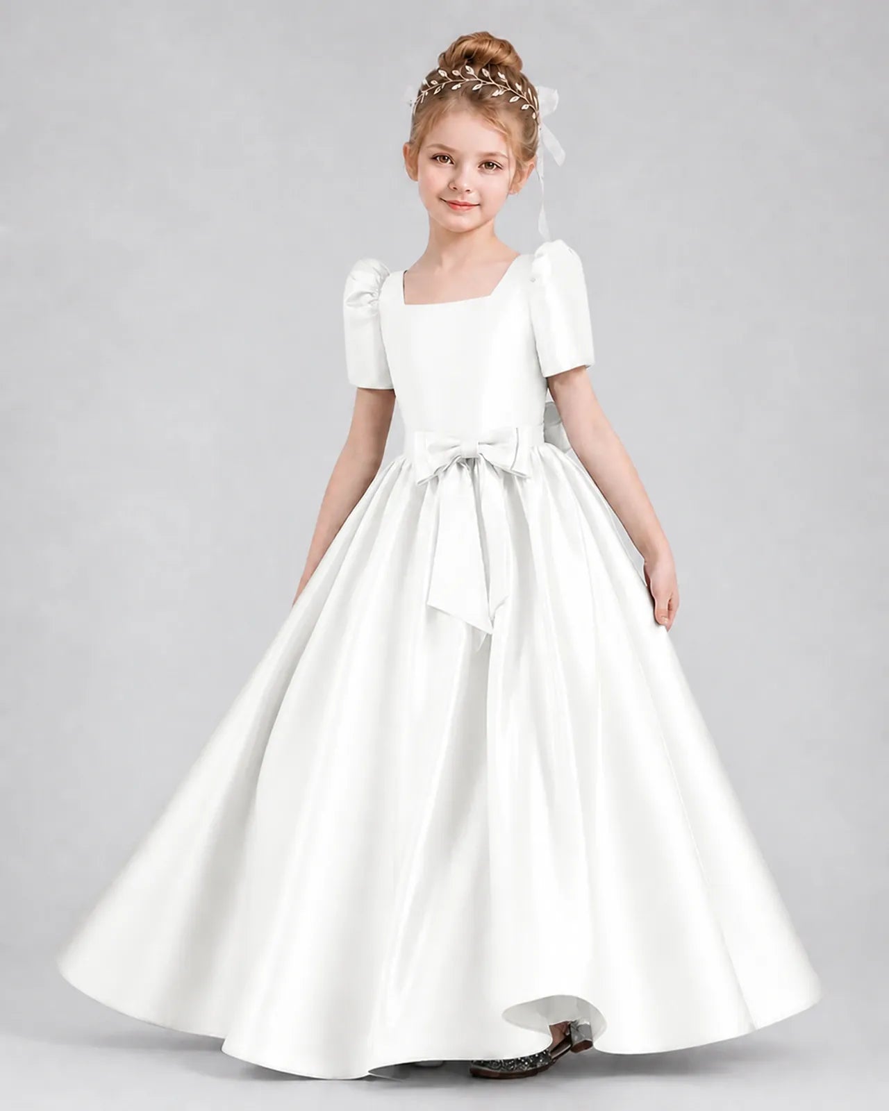 Ivory Satin A-line Girls Formal Dress Front View