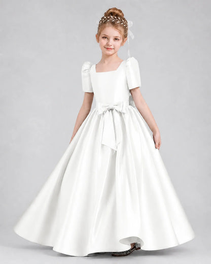 Ivory Satin A-line Girls Formal Dress Front View
