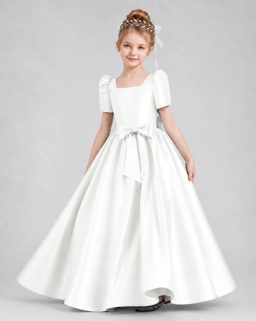 Ivory Satin A-line Girls Formal Dress Front View