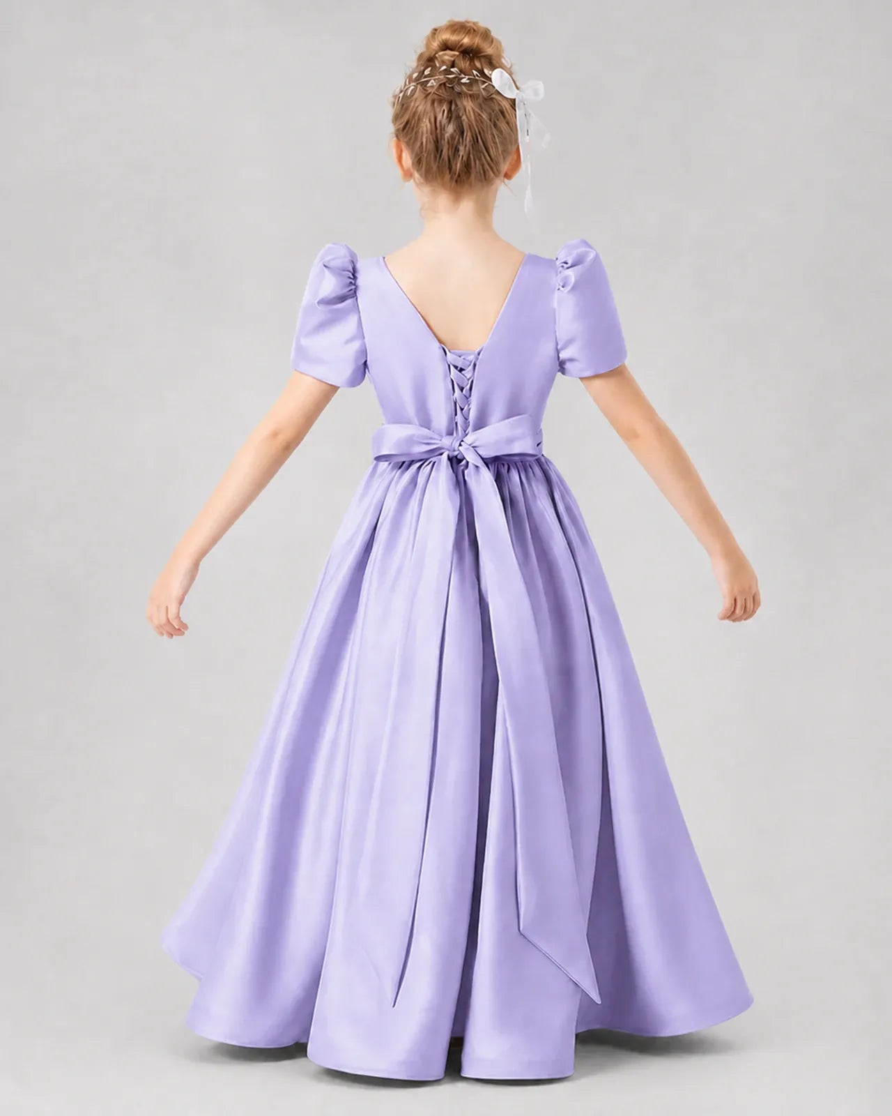 Lavender Satin A-line Girls Formal Dress Back View