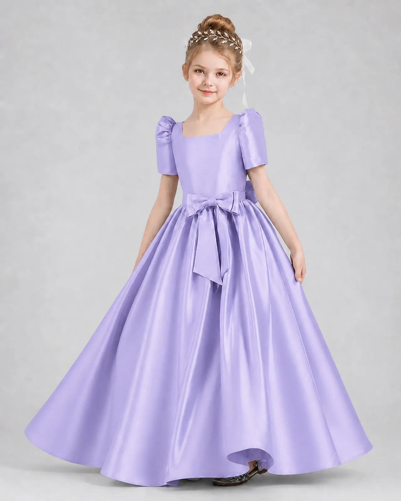 Lavender Satin A-line Girls Formal Dress Front View