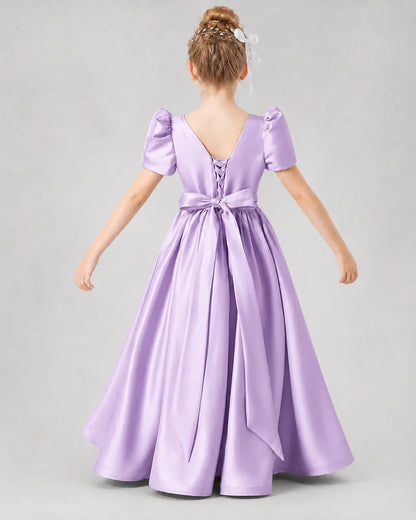 Lilac Satin A-line Girls Formal Dress Back View
