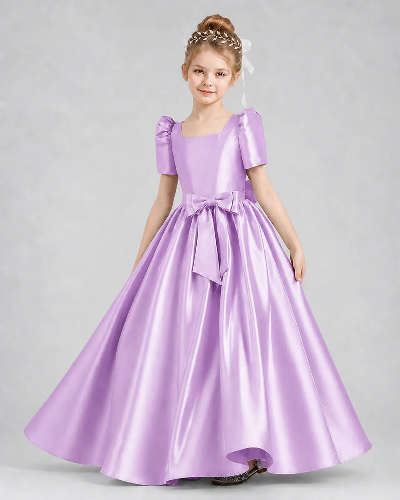 Lilac Satin A-line Girls Formal Dress Front View