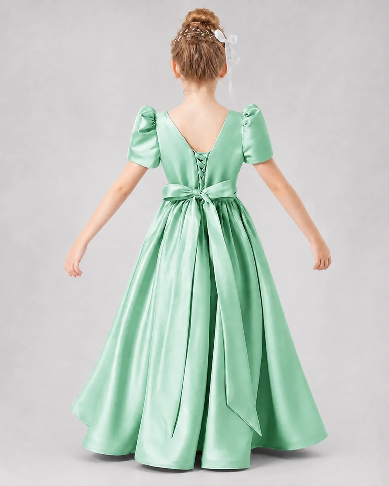 Mint Green Satin A-line Girls Formal Dress Back View