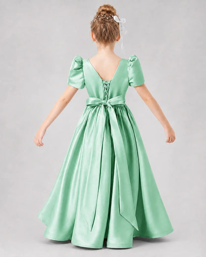 Mint Green Satin A-line Girls Formal Dress Back View