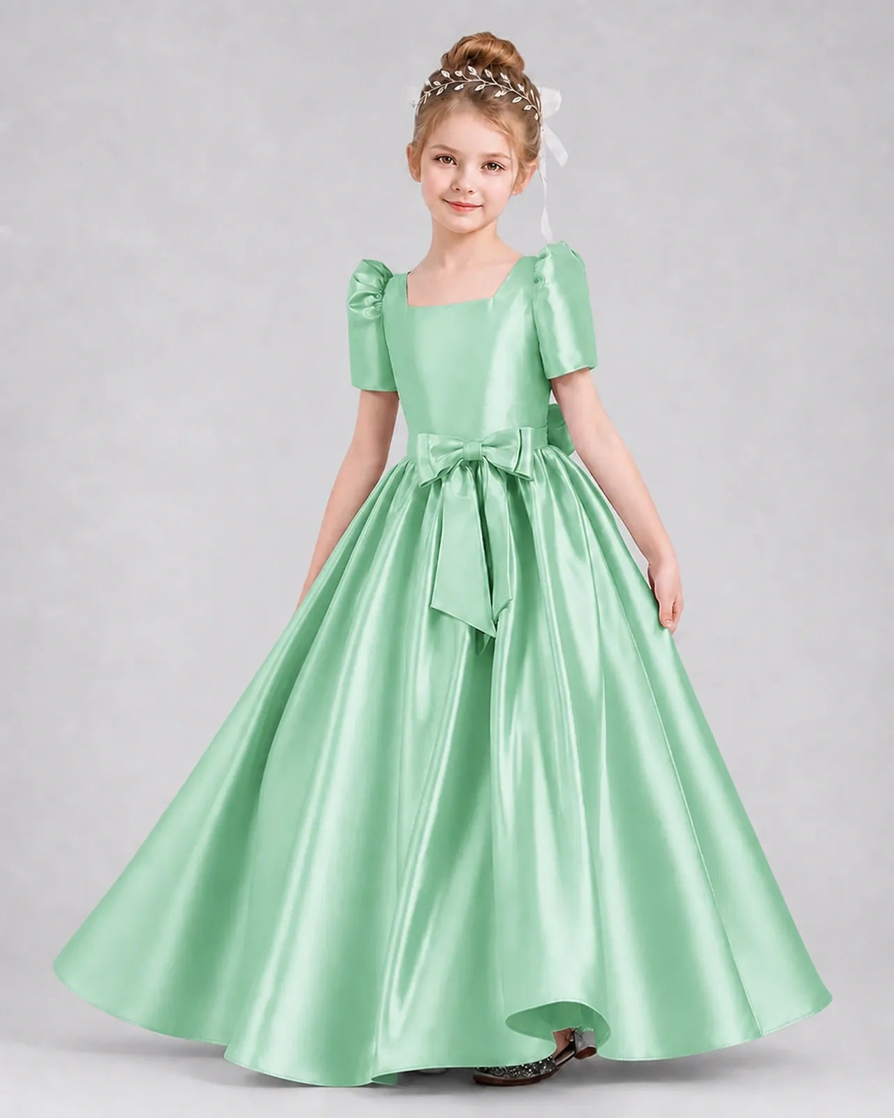 Mint Green Satin A-line Girls Formal Dress Front View