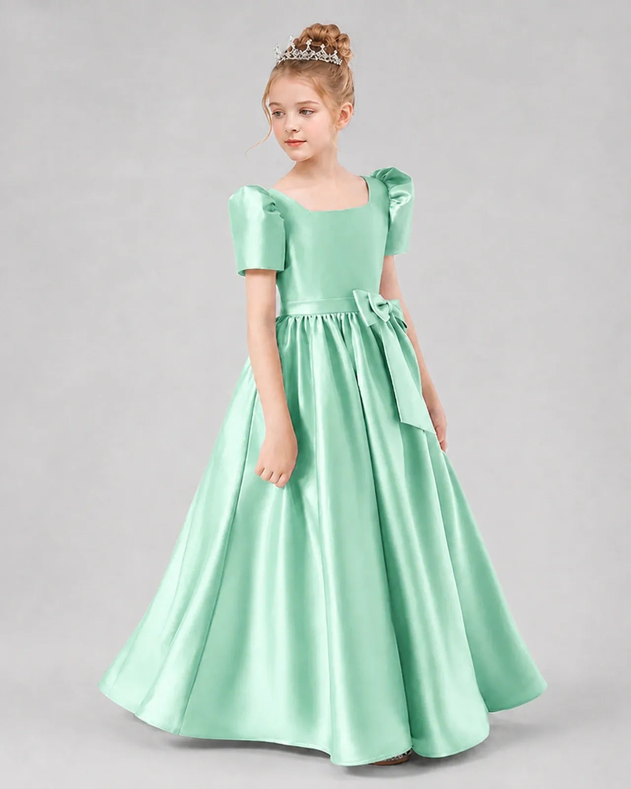 Mint Green Satin A-line Girls Formal Dress Side View