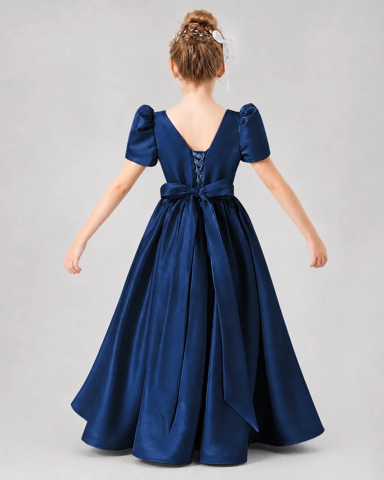 Navy Blue Satin A-line Girls Formal Dress Back View