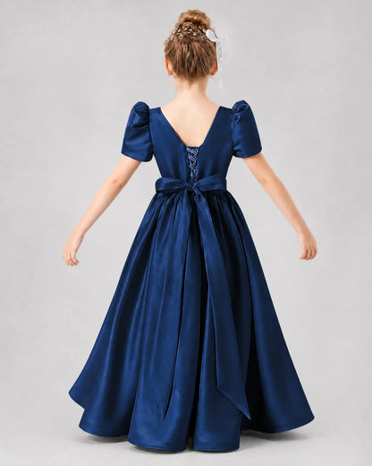 Navy Blue Satin A-line Girls Formal Dress Back View