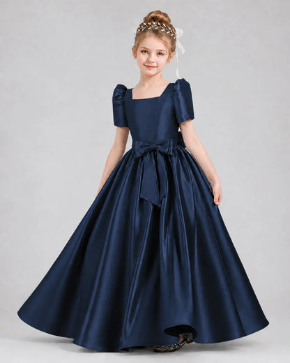 Navy Blue Satin A-line Girls Formal Dress Front View
