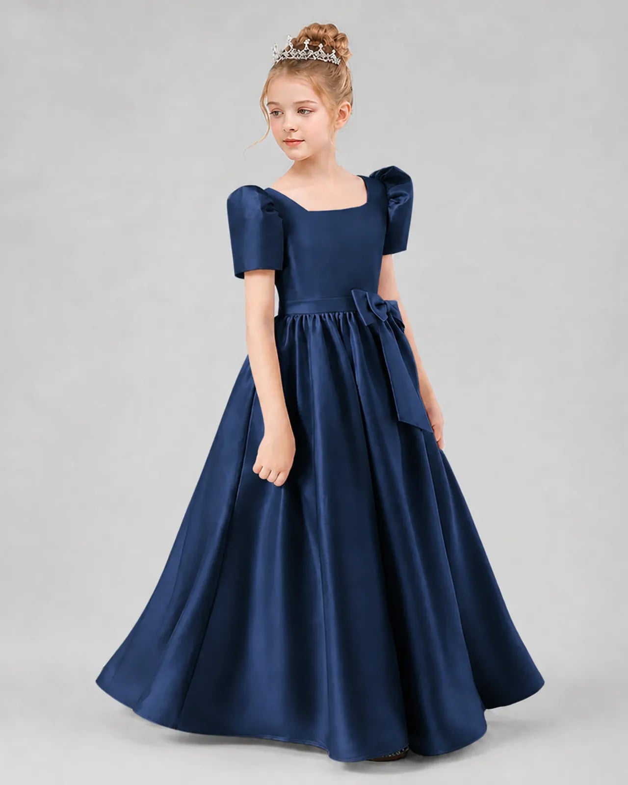 Navy Blue Satin A-line Girls Formal Dress Side View