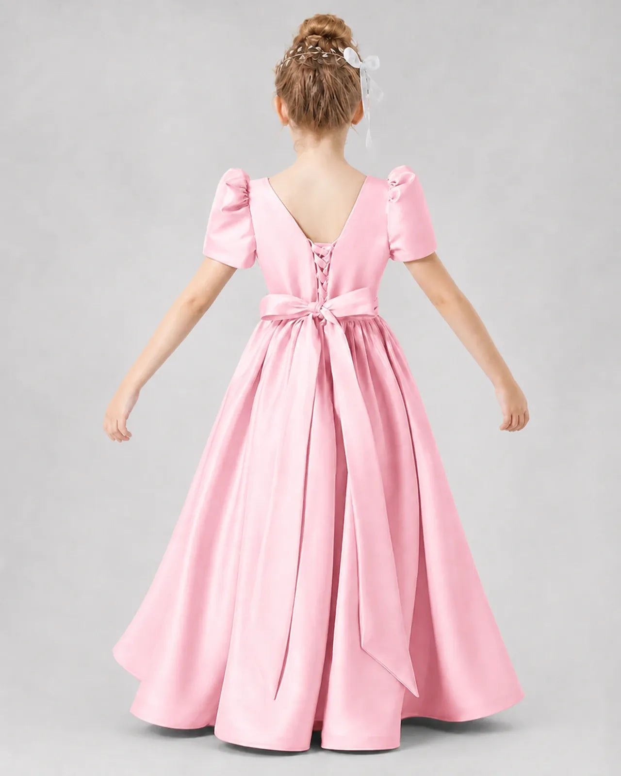 Pink Satin A-line Girls Formal Dress Back View