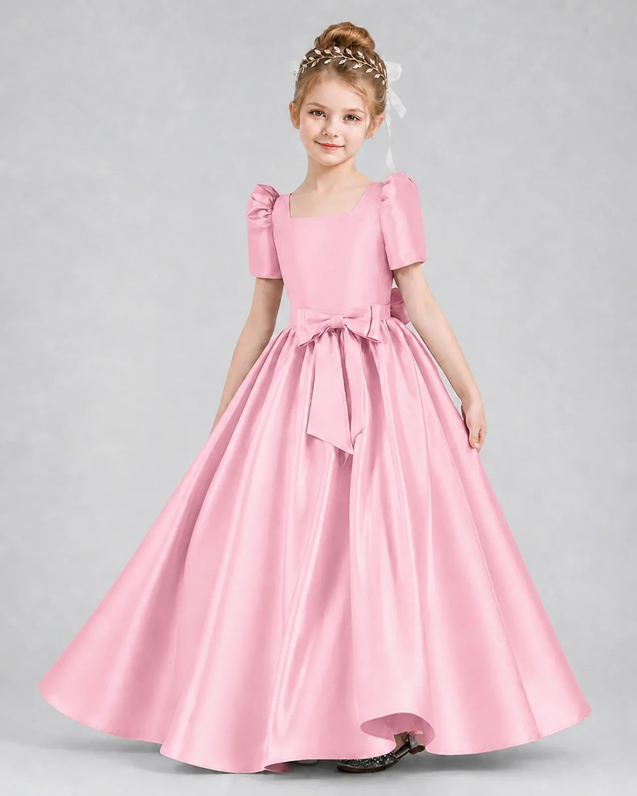 Pink Satin A-line Girls Formal Dress Front View