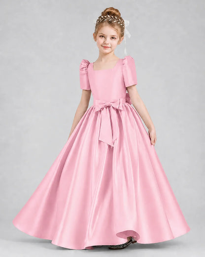 Pink Satin A-line Girls Formal Dress Front View