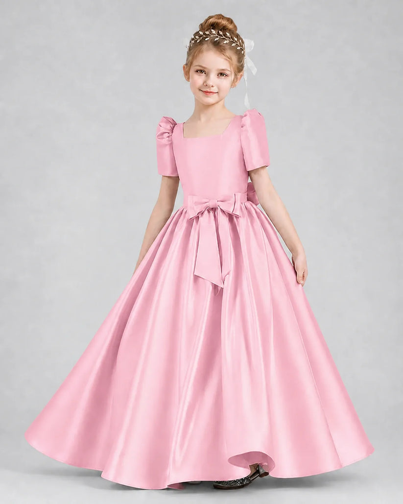 Pink Satin A-line Girls Formal Dress Front View
