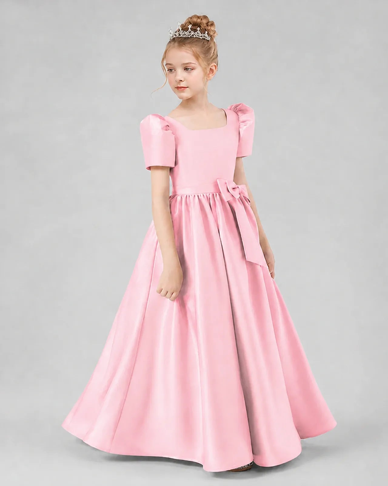 Pink Satin A-line Girls Formal Dress Side View