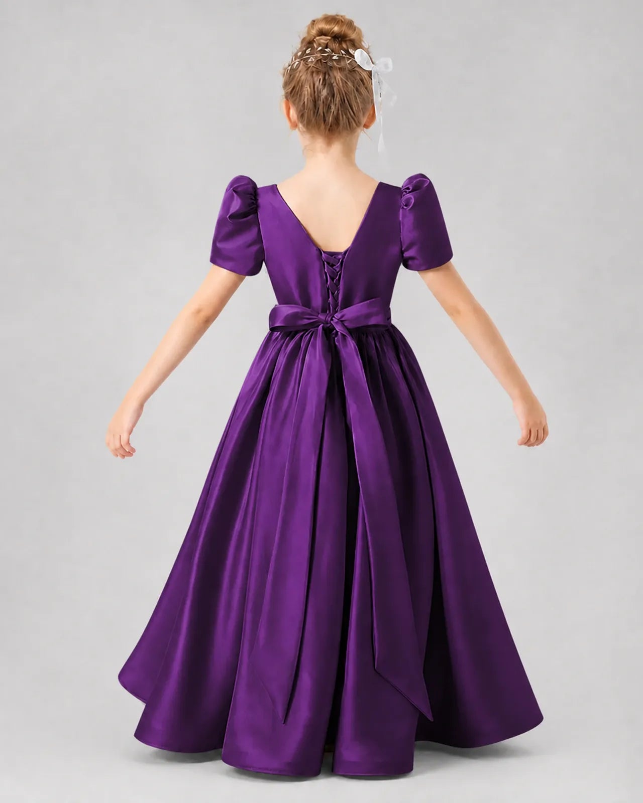 Purple Satin A-line Girls Formal Dress Back View