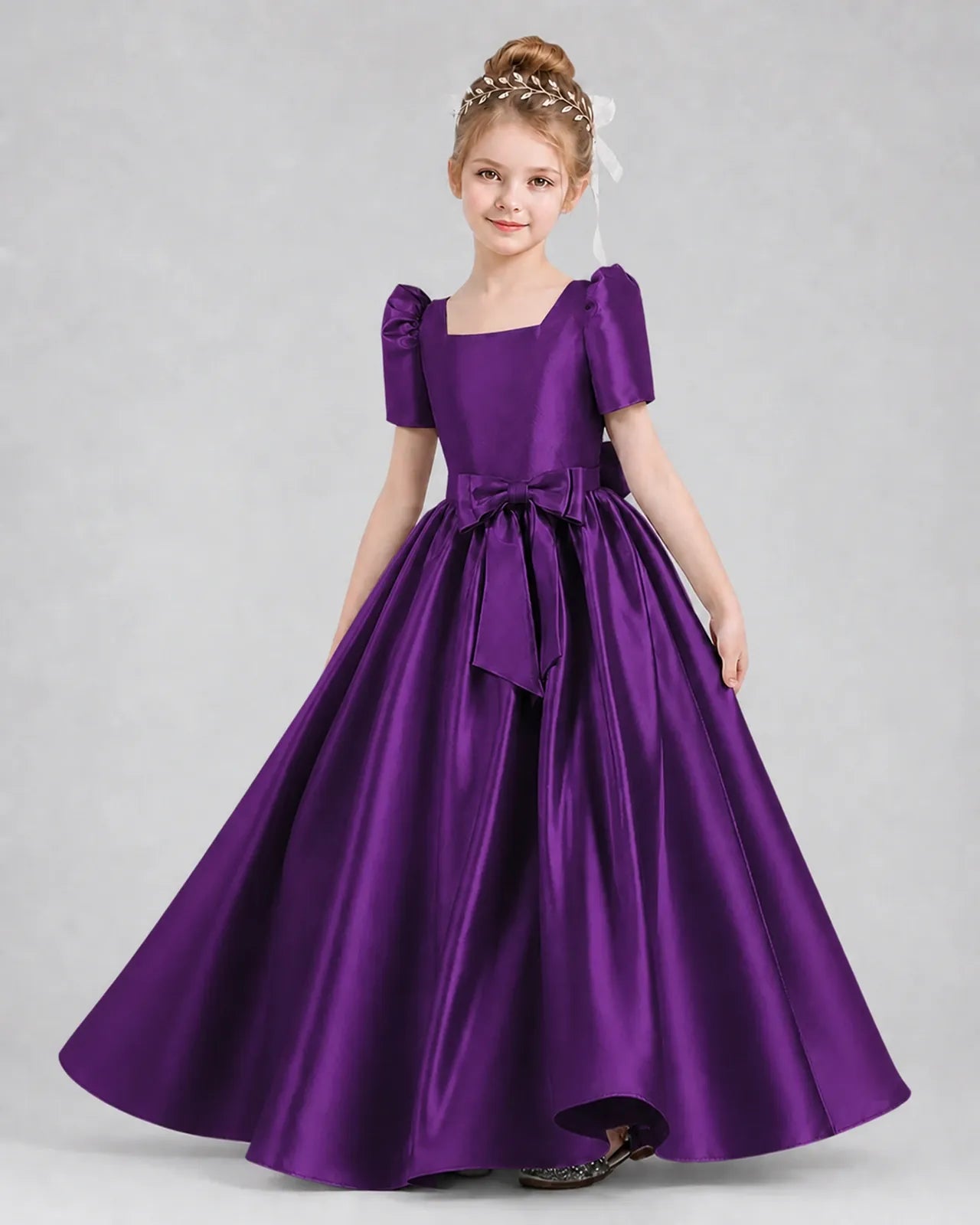Purple Satin A-line Girls Formal Dress Front View