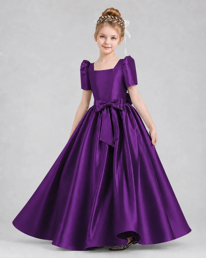 Purple Satin A-line Girls Formal Dress Front View