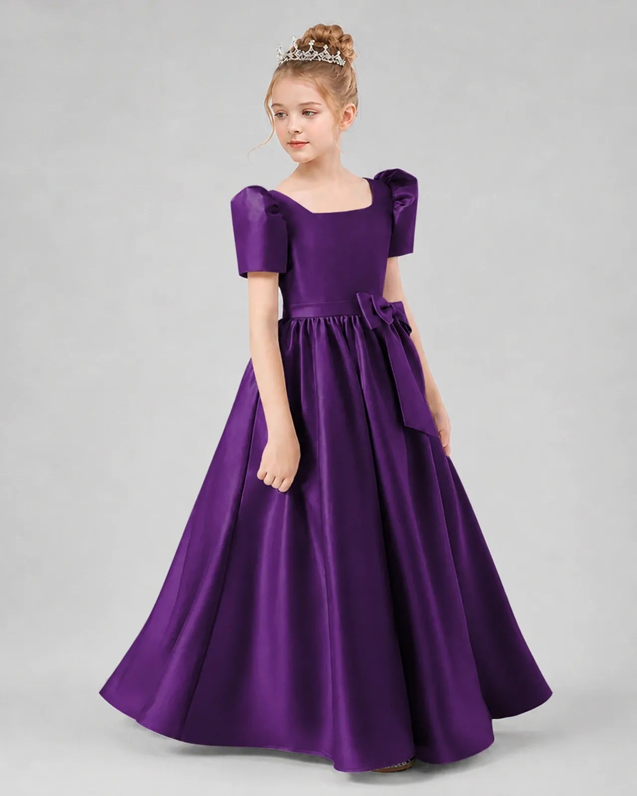 Purple Satin A-line Girls Formal Dress Side View