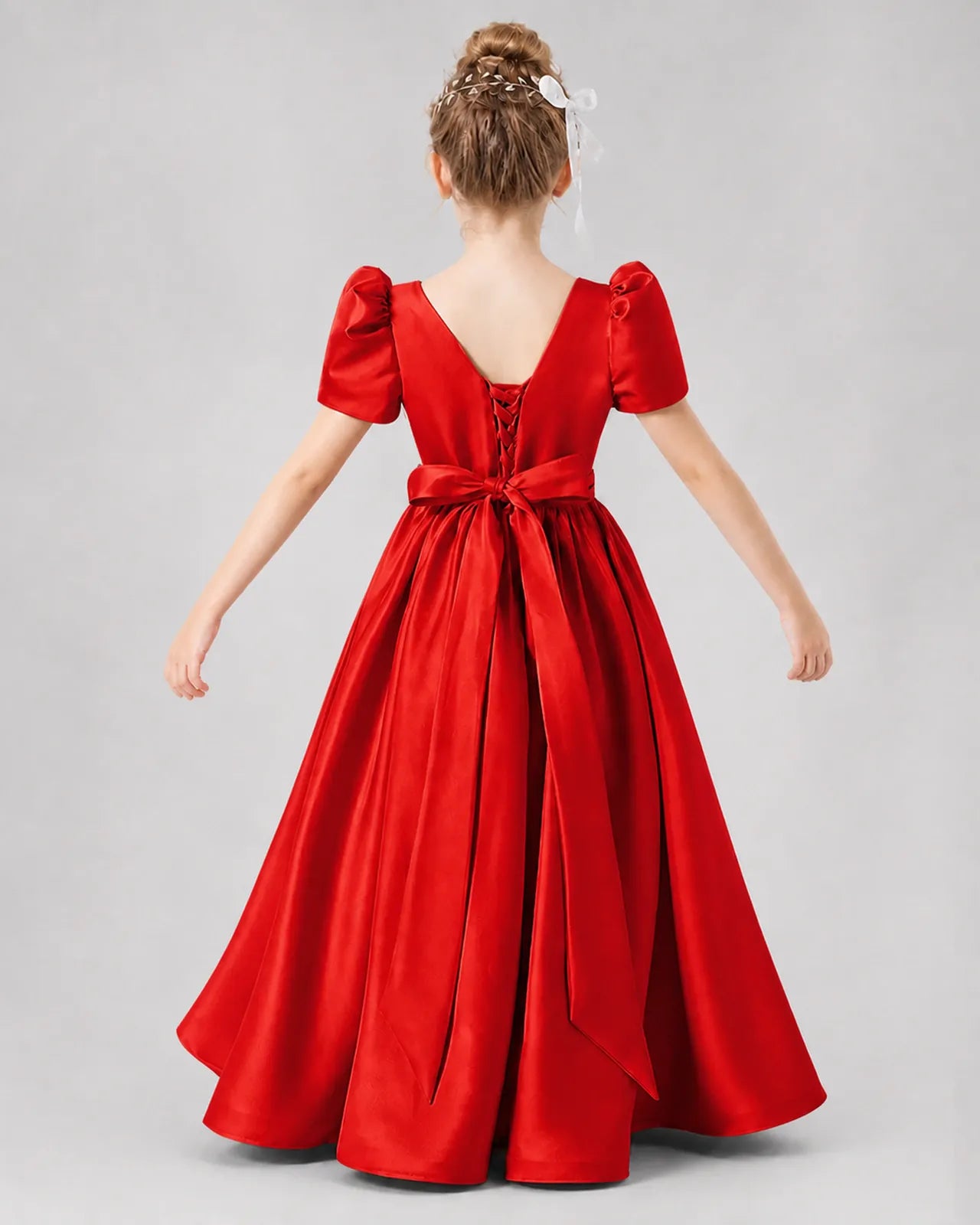 Red Satin A-line Girls Formal Dress Back View