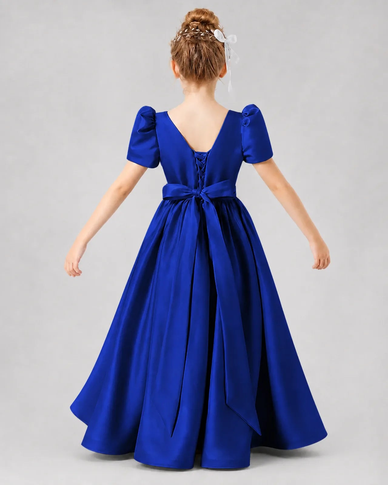 Royal Blue Satin A-line Girls Formal Dress Back View