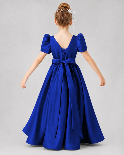 Royal Blue Satin A-line Girls Formal Dress Back View