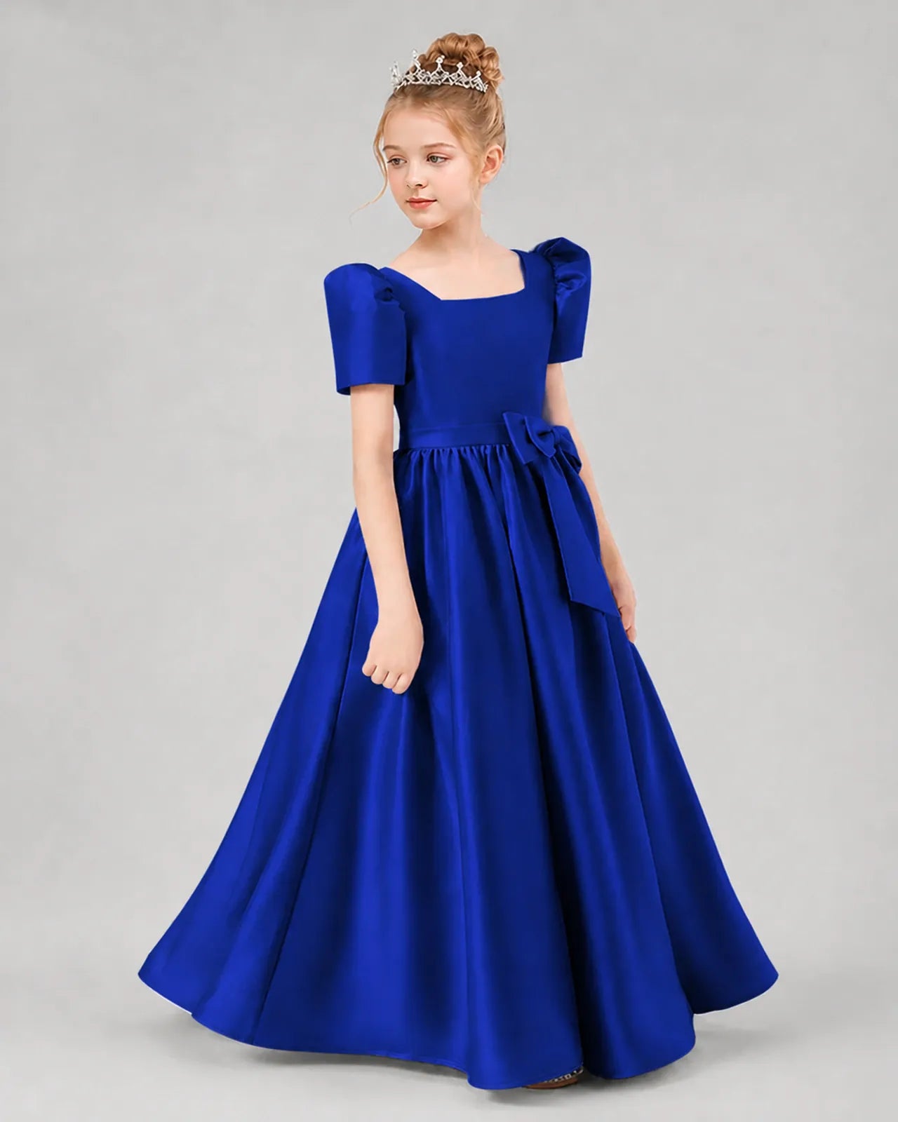 Royal Blue Satin A-line Girls Formal Dress Side View