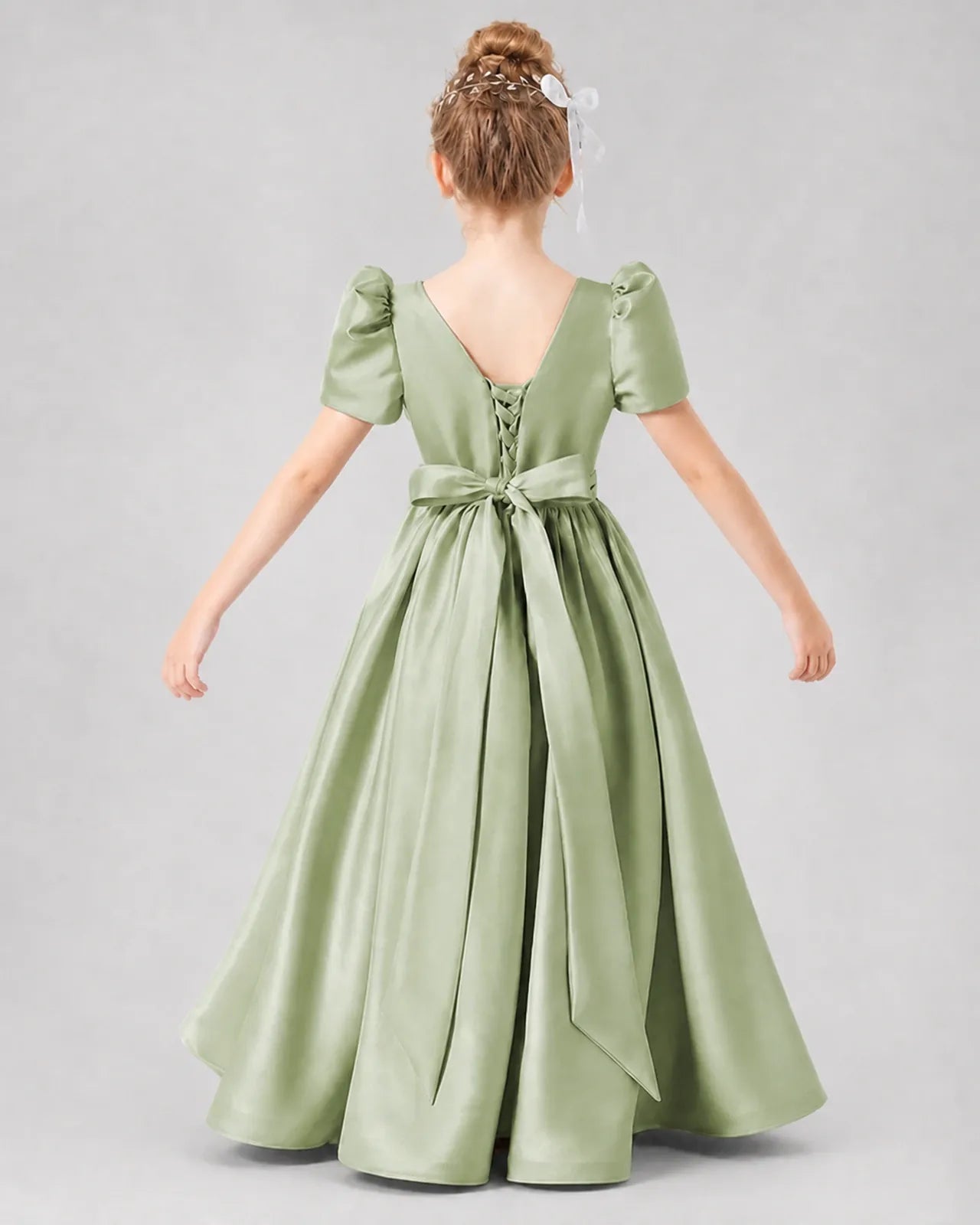 Sage Green Satin A-line Girls Formal Dress Back View
