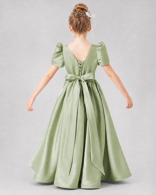 Sage Green Satin A-line Girls Formal Dress Back View