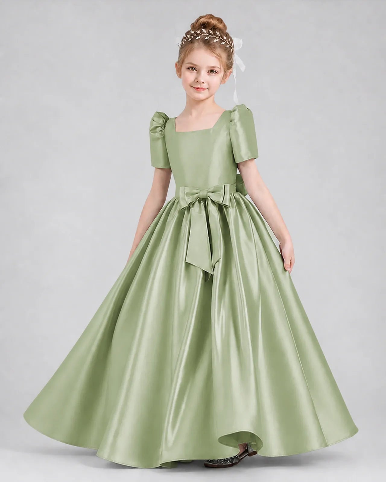 Sage Green Satin A-line Girls Formal Dress Front View