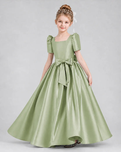 Sage Green Satin A-line Girls Formal Dress Front View