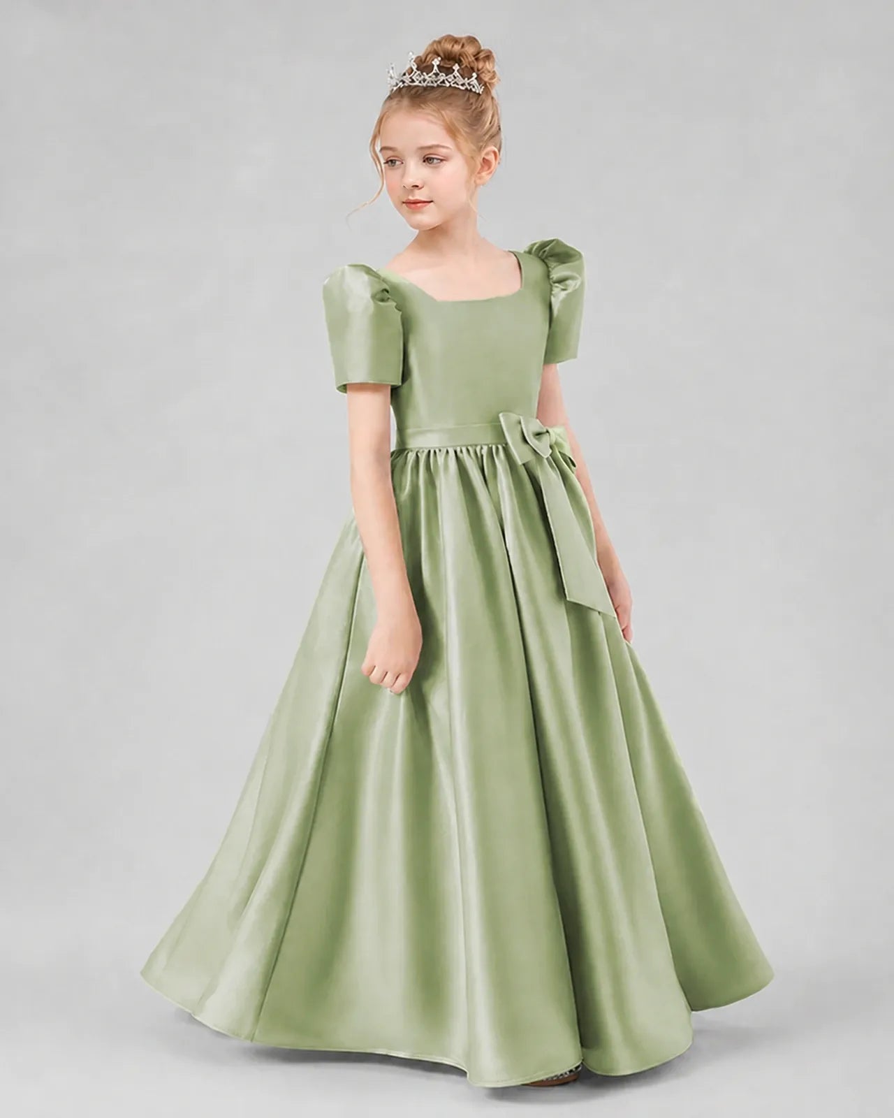 Sage Green Satin A-line Girls Formal Dress Side View