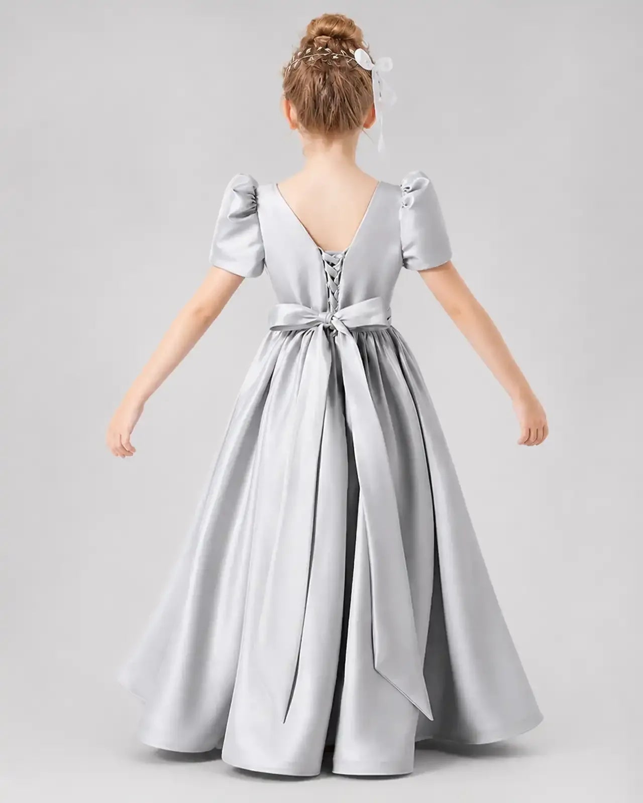 Silver Satin A-line Girls Formal Dress Back View