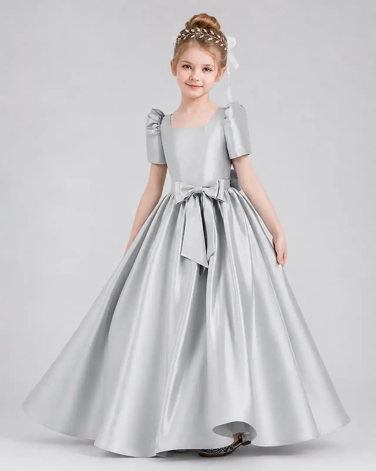 Silver Satin A-line Girls Formal Dress Front View