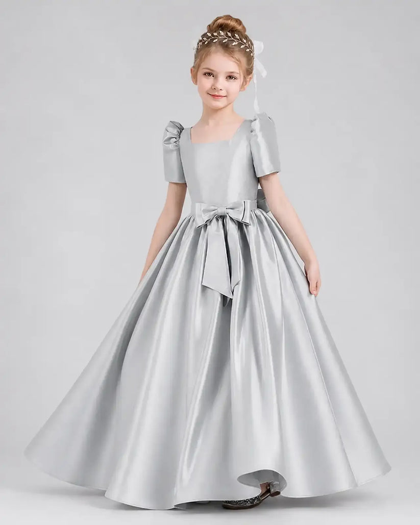 Silver Satin A-line Girls Formal Dress Front View
