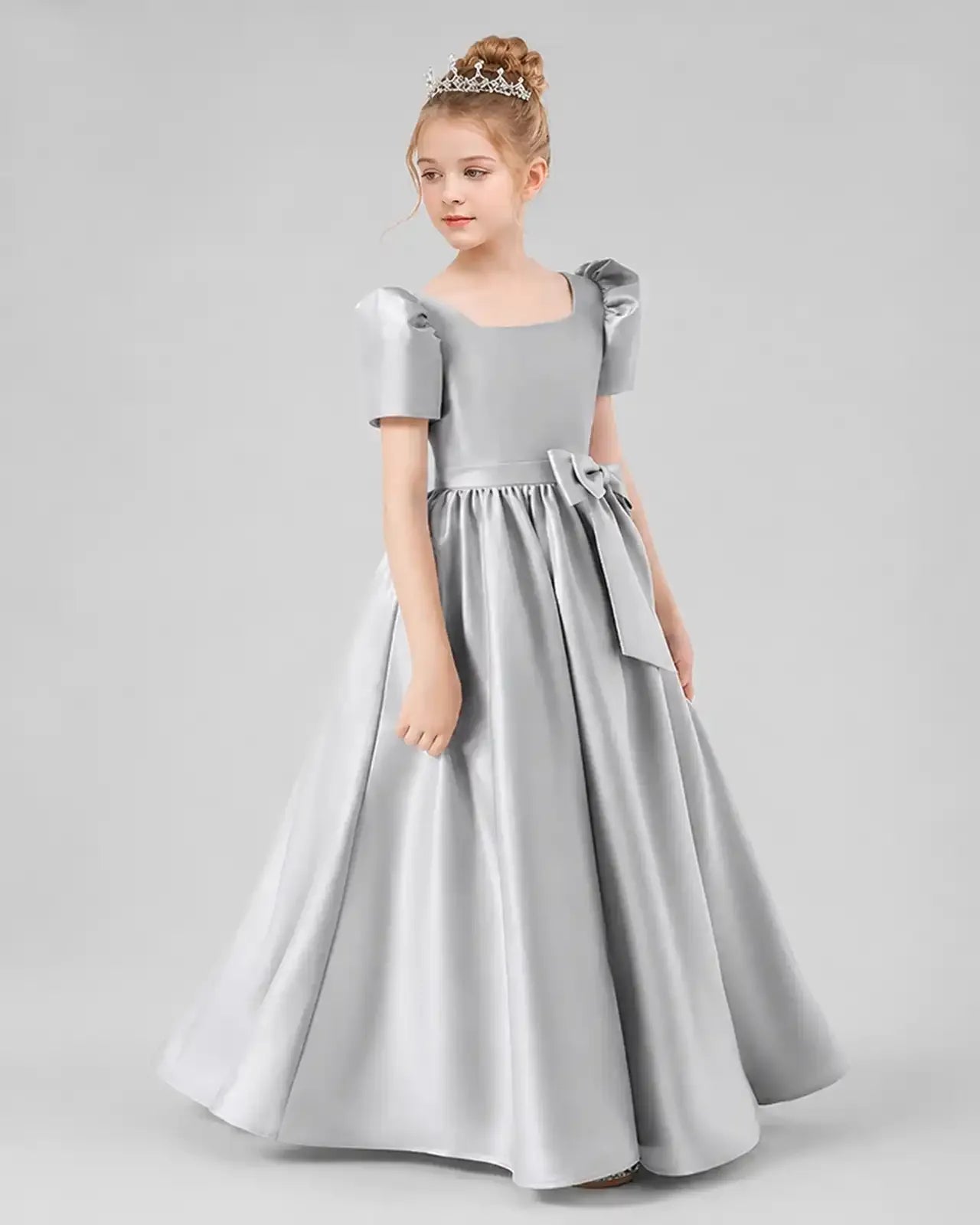 Silver Satin A-line Girls Formal Dress Side View