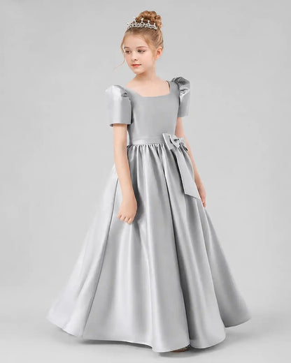 Silver Satin A-line Girls Formal Dress Side View