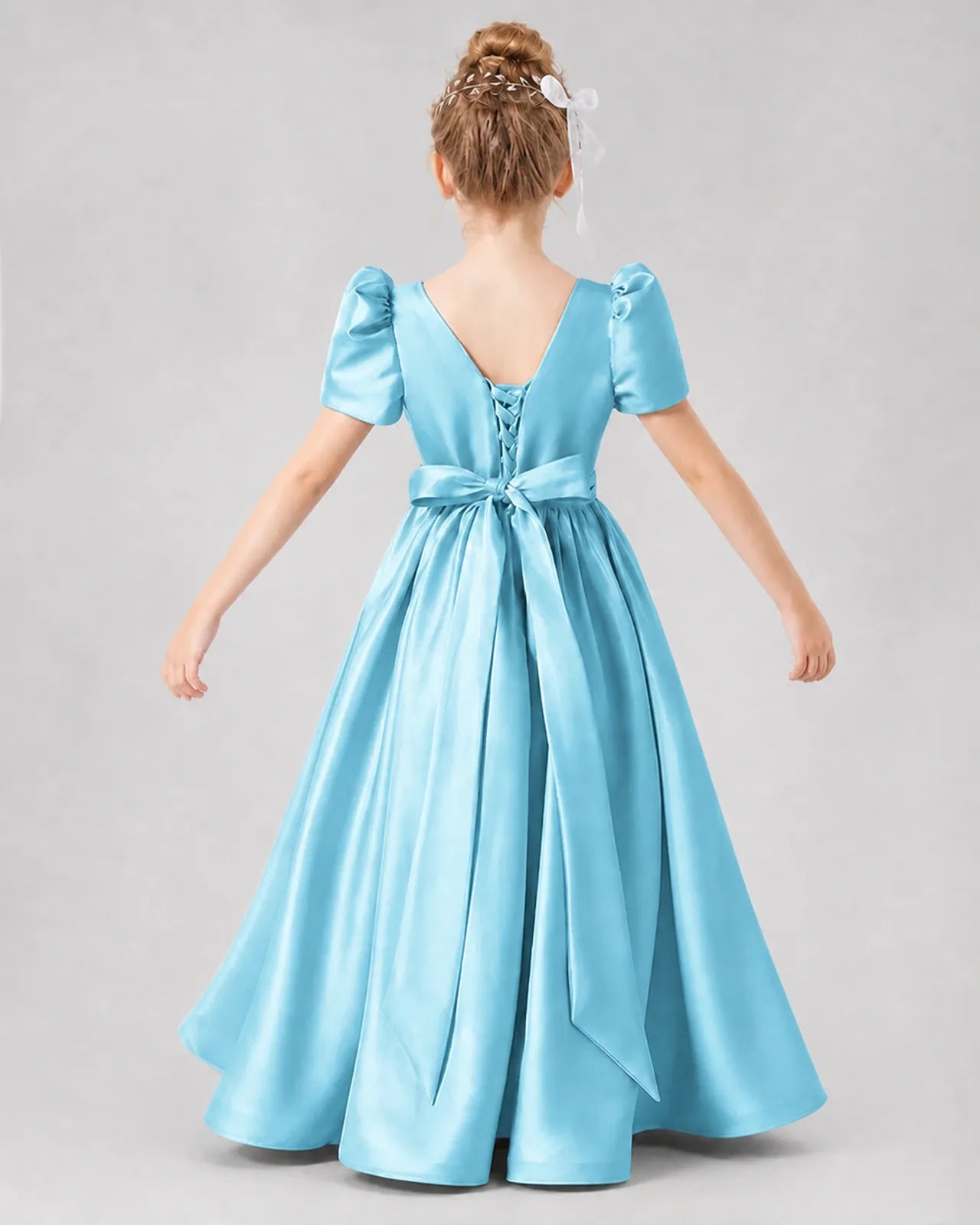 Sky Blue Satin A-line Girls Formal Dress Back View