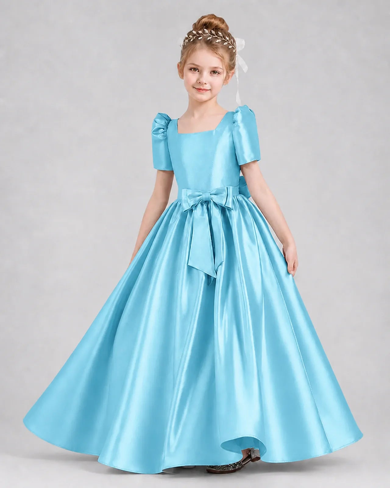 Sky Blue Satin A-line Girls Formal Dress Front View
