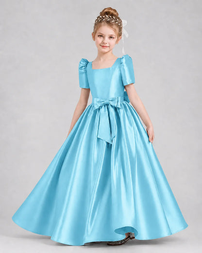 Sky Blue Satin A-line Girls Formal Dress Front View