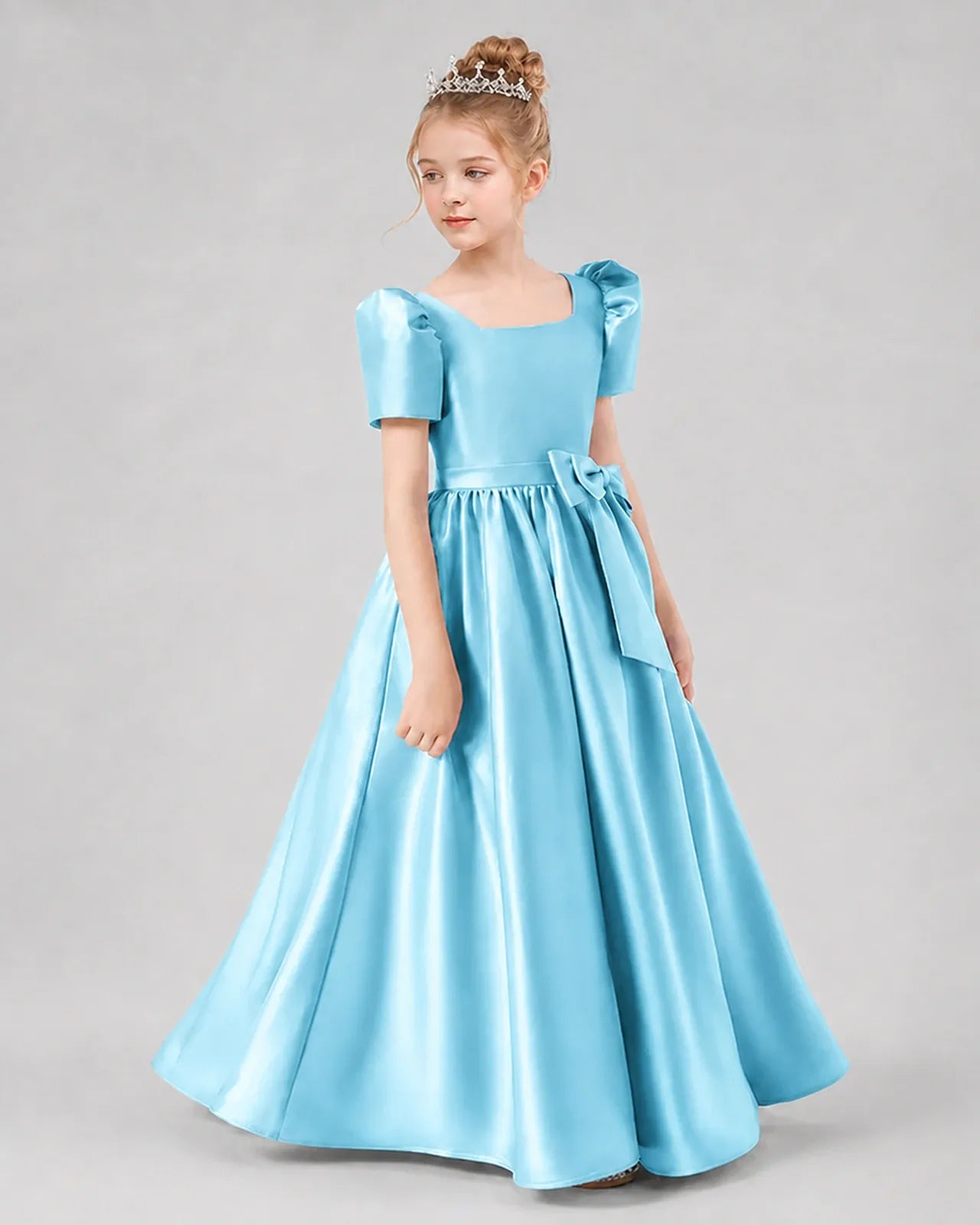 Sky Blue Satin A-line Girls Formal Dress Side View