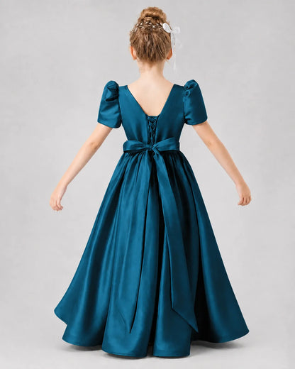Teal Satin A-line Girls Formal Dress Back View